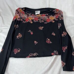 I.N. Studio Vtg Black Floral Paisley Border Print Long Sleeve Top PXL Y2K Fairy